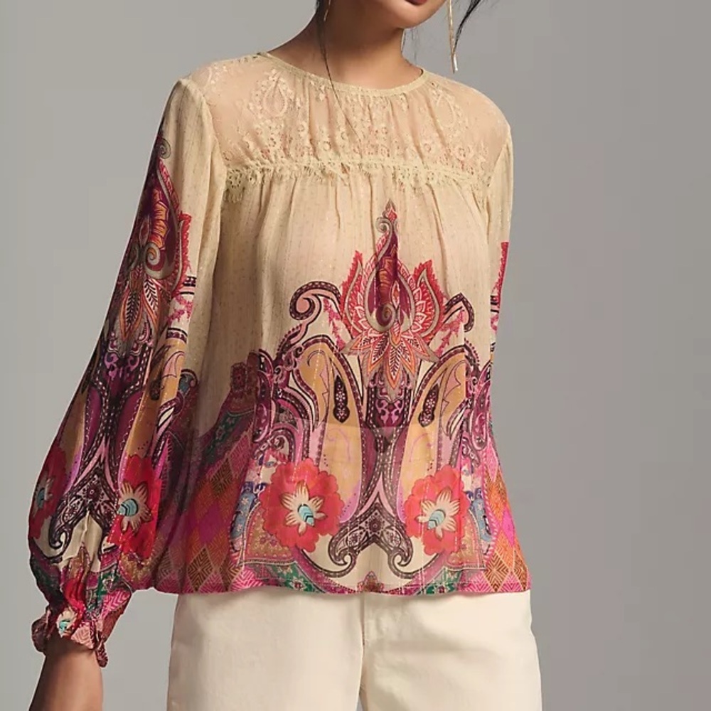 Anthropologie Bl-nk London Paisley Metallic Lace Shirred Blouse